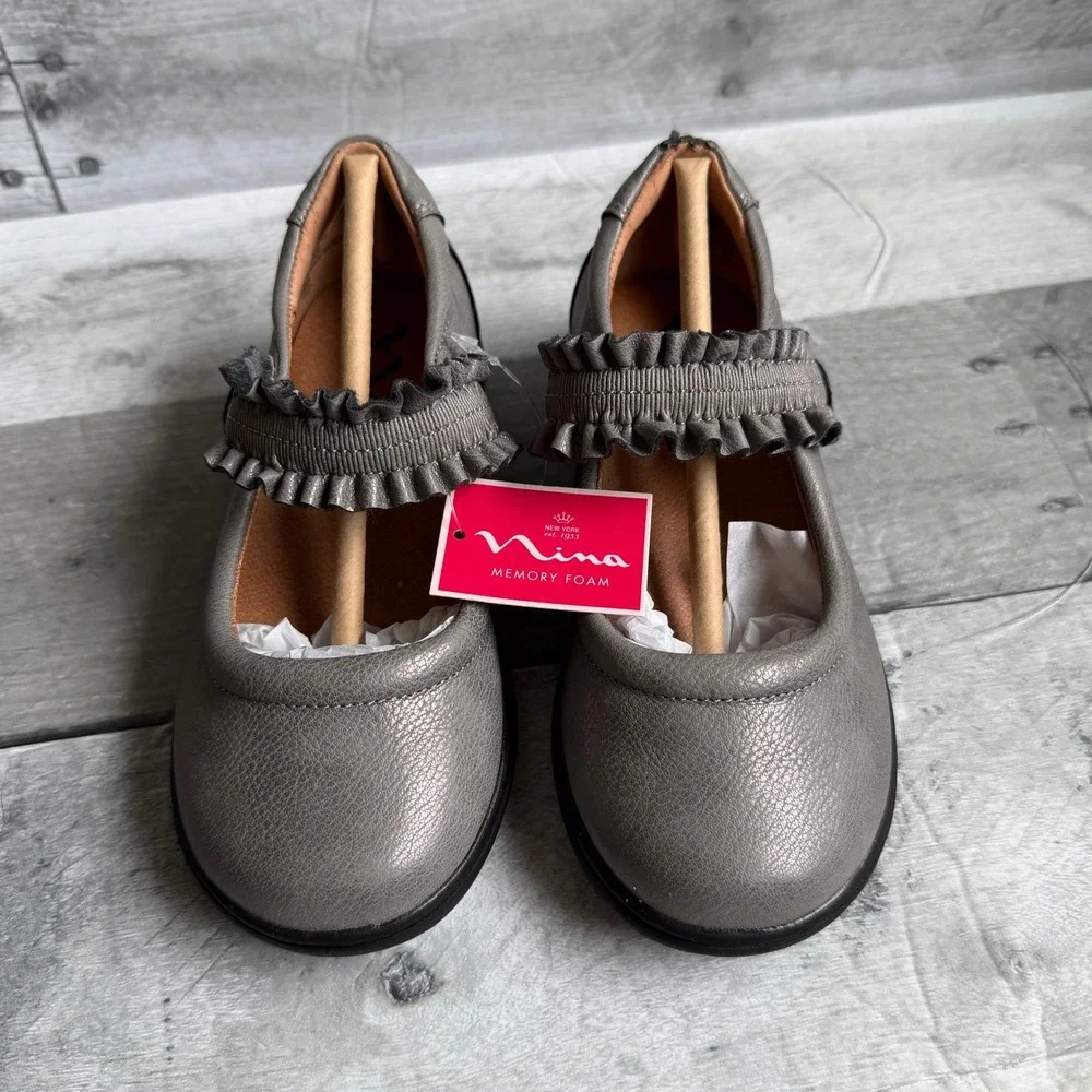 Nina Kids Pewter Metallic Ruffle Mary Jane Memory Foam Dress Shoes 10M